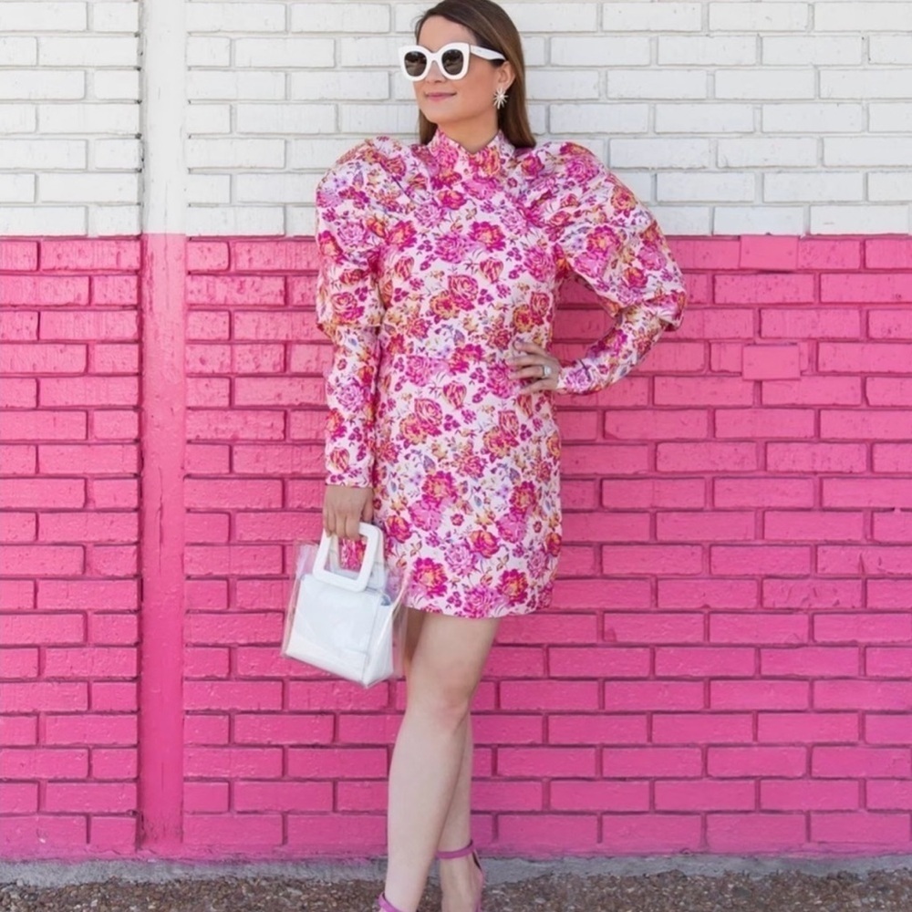 Rotate Birger Christensen Pink Floral Puff Sleeve Dress Size Medium - Picture 2 of 11